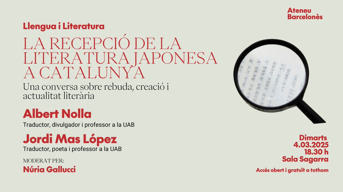 Secció de Llengua i Literatura (@liteateneubcn) on Twitter photo 🇯🇵 La literatura japonesa és cada cop més present a les nostres llibreries.
📚 Per què? La recepció ha variat segons el gènere literari?
👥 No falteu a la cita de dimarts vinent si en voleu saber la resposta!
<a href="/AteneuBCN/">Ateneu Barcelonès</a> <a href="/exteriorscat/">Unió Europea i Acció Exterior</a> <a href="/Consul_JPN_BCN/">Consulado General del Japón en Barcelona</a> <a href="/Albert_Nolla_C/">Albert Nolla</a> 🇯🇵 La literatura japonesa és cada cop més present a les nostres llibreries.
📚 Per què? La recepció ha variat segons el gènere literari?
👥 No falteu a la cita de dimarts vinent si en voleu saber la resposta!
<a href="/AteneuBCN/">Ateneu Barcelonès</a> <a href="/exteriorscat/">Unió Europea i Acció Exterior</a> <a href="/Consul_JPN_BCN/">Consulado General del Japón en Barcelona</a> <a href="/Albert_Nolla_C/">Albert Nolla</a>