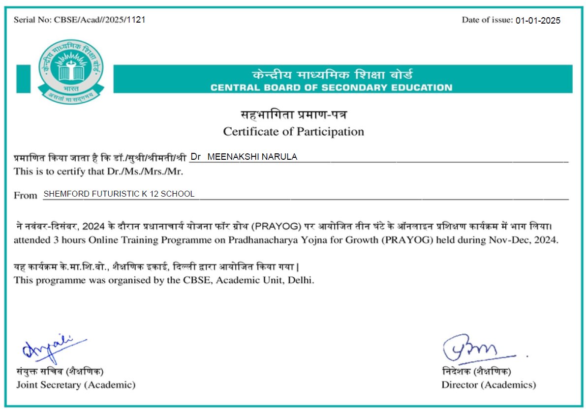 Successfully completed 3 hours of Online Learning for Principals PRAYOG (Pradhanacharya Yojna for Growth) #prayog #drmeenakshinarula #mentoringthementors #cbse #training