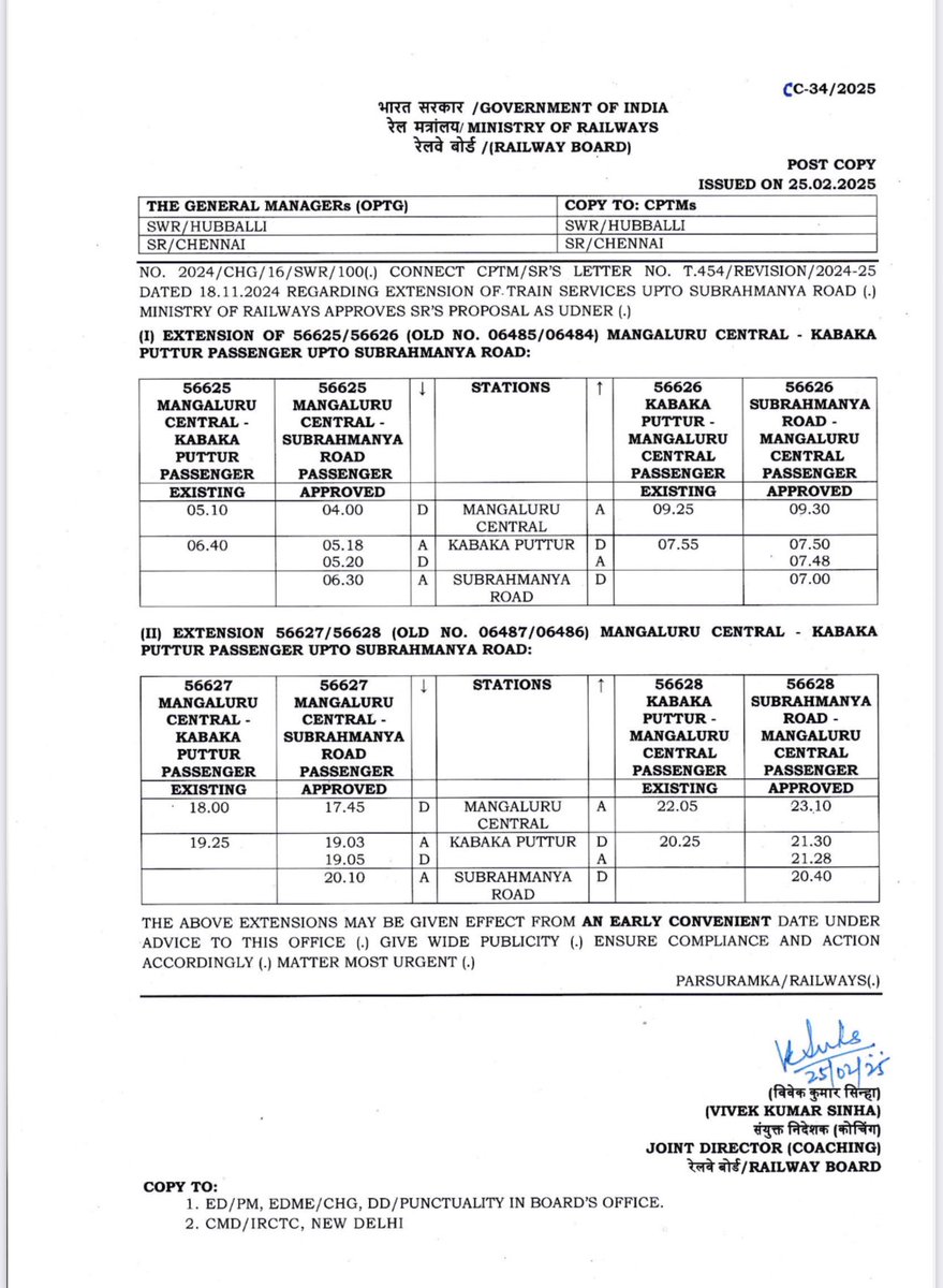 CaptBrijesh's tweet photo. Gives me great joy to share that a long pending demand of Railway users of Dakshina Kannada - Extension of the Mangalore to Kabaka-Puttur Passenger train to Subramanya - which we have been relentlessly pursuing has been approved by our Union Ministry of Railways. 

As I had mentioned in my letters to officials and the Ministry, this extension will significantly boost the connectivity between the hinterlands and Mangaluru, thereby developing regions around Kukke Subrahmanya as well as provide a convenient & affordable mode of commute to pilgrims as well as the local population. 

I thank our Union Minister for Railways @AshwiniVaishnaw and MoS Railways @VSOMANNA_BJP for enabling this sanction and fulfilling a much sought request of the people of Dakshina Kannada.

The swift response to public appeals is a huge testimony of our PM Shri @narendramodi led govt’s commitment to good governance for the realisation of Viksit Bharat. 

#DakshinaKannada