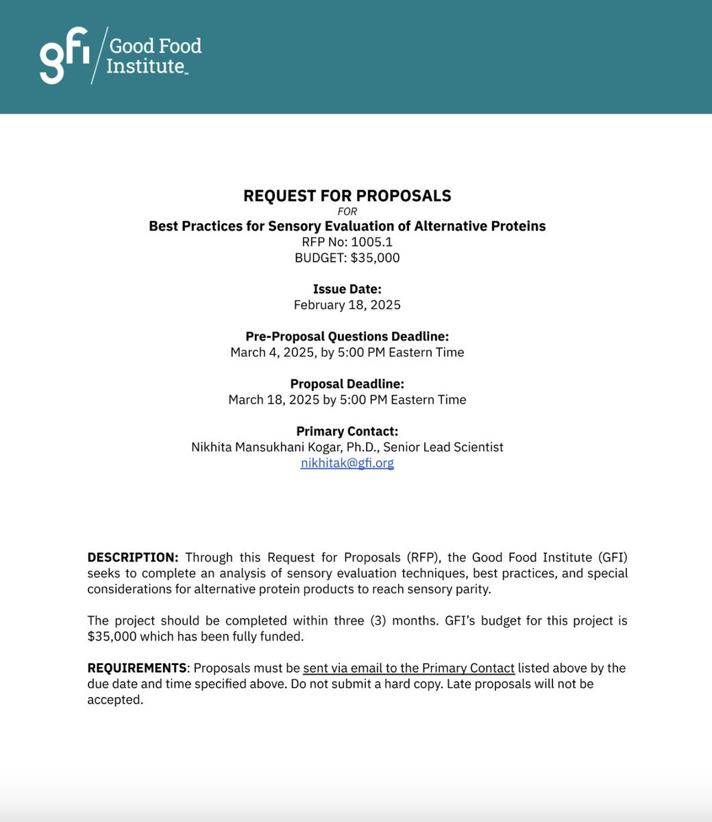 🚀 RFP: Sensory Best Practices Guide to Alternative Proteins 🚀

Calling all sensory scientists, independent consultants, and research groups! 

Details: lnkd.in/gf_Xghp5
Pre-proposal questions due: March 4, 2025
Deadline: March 18, 2025

I am very excited about this RFP: