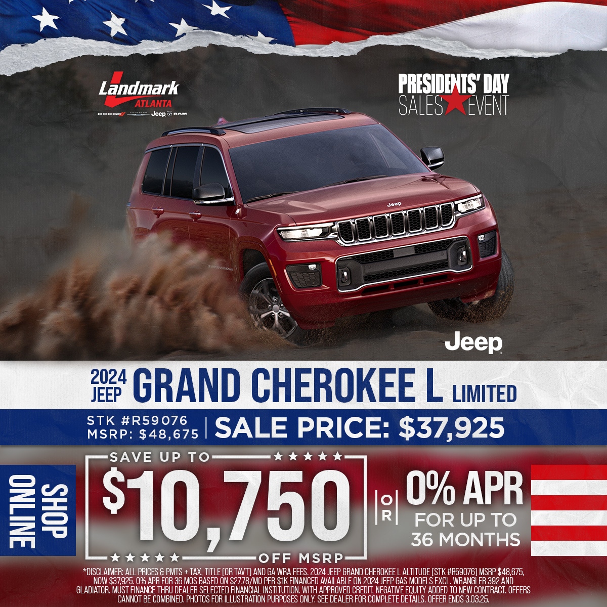 President's Day Sale at Landmark Atlanta! 🇺🇸 Adventure awaits in the Grand Cherokee! 🏔️ Luxurious interior, advanced tech, &amp; powerful engine. Save BIG! 💲 Limited time! #GrandCherokee #PresidentsDay #LandmarkAtlanta
bit.ly/4giSVFr