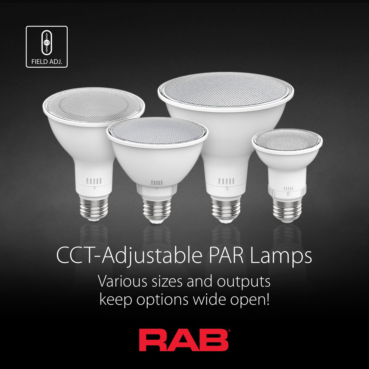 RAB now has various PARs with selectable color temperature to help consolidate stocking models. Available in 120V (dimmable) and Universal Voltage (non-dimmable), we have PAR20, 30, and 38 SKUs with five CCTs from 2700K to 5000K. Learn more: hubs.ly/Q0383Jzn0?