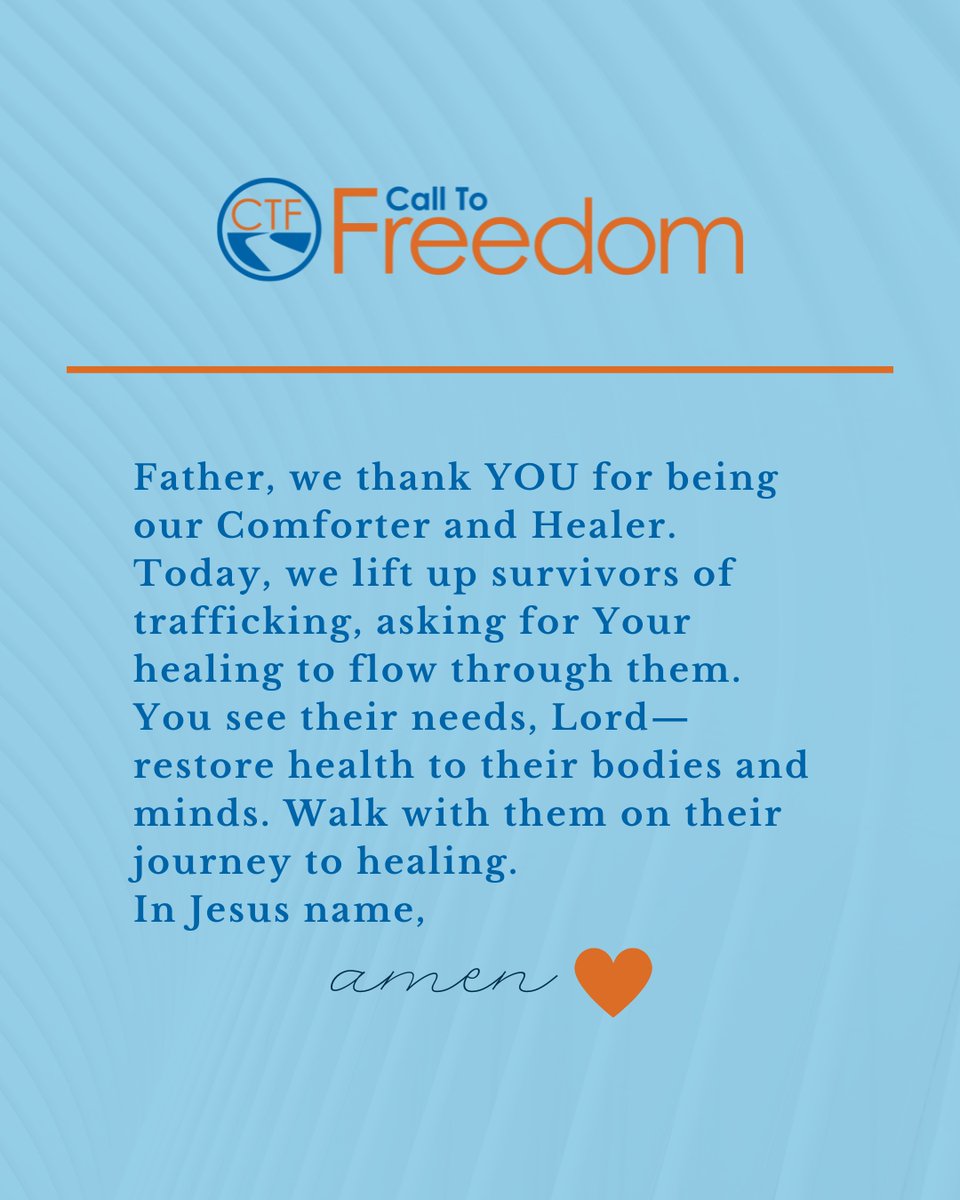 💙 Let’s come together in prayer for survivors of trafficking.

Heavenly Father, we ask for Your healing to restore their bodies, minds, and spirits. Walk with them on their journey to wholeness and bring them peace. 🙏

#PrayerForSurvivors #HopeAndHealing #FaithInAction
