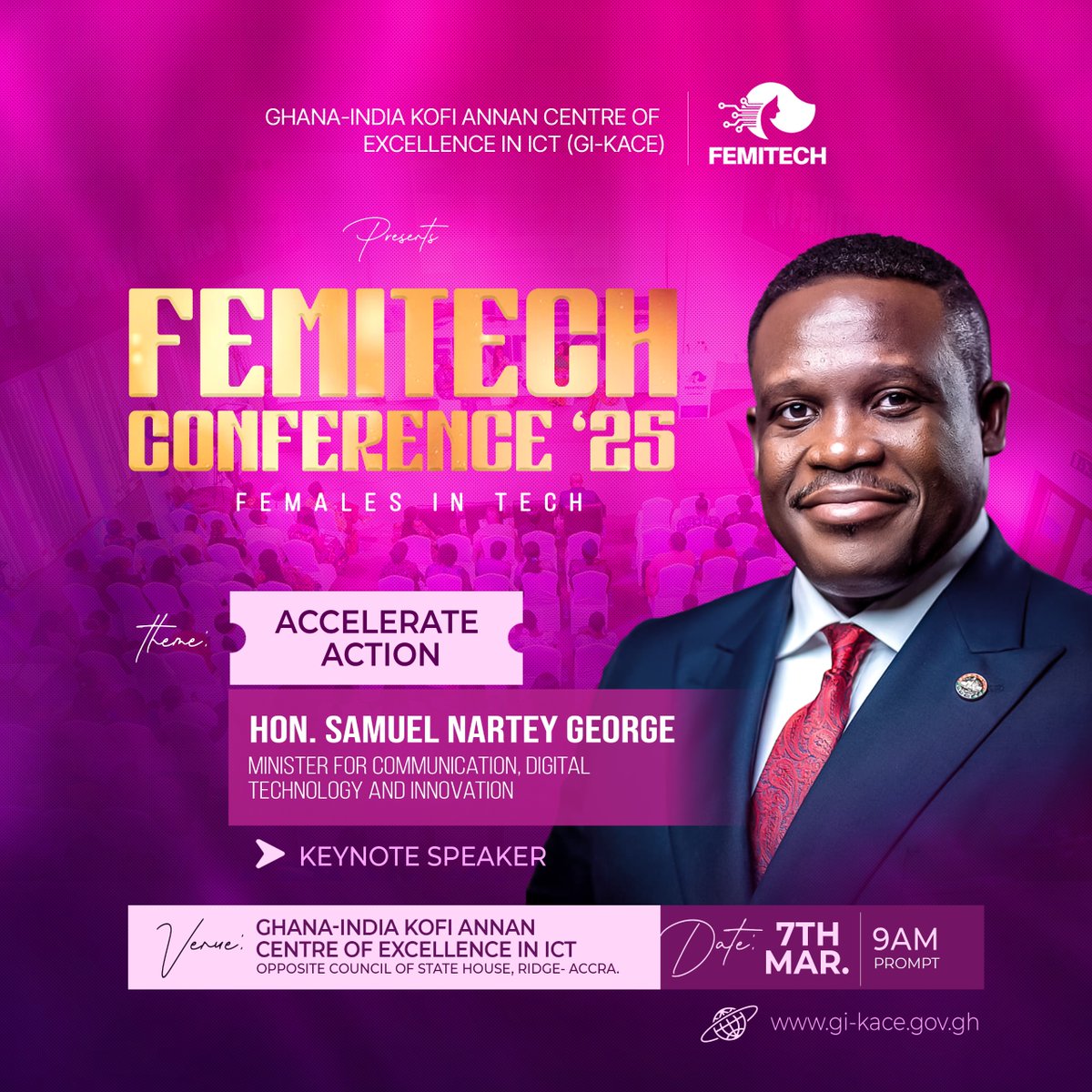 dr_cya's tweet photo. Dear Ladies GI-KACE is pleased to announce our annual FEMITECH Conference.

We are honored to have the @samgeorgegh deliver the keynote address.

See you there! 
#GIKACE #femitech #kofiannanict https://t.co/4oEH6DTm0E