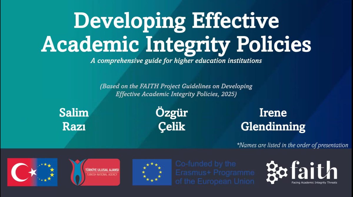 comu_cai's tweet photo. 📢 FAITH Project Webinar: Developing Effective Academic Integrity Policies

🔎 How Can We Strengthen Academic Integrity in Higher Education?

Our latest webinar held by Dr. Salim Razı, Dr. Özgür Çelik and Dr. Irene Glendinning. https://t.co/UWREidYyhu