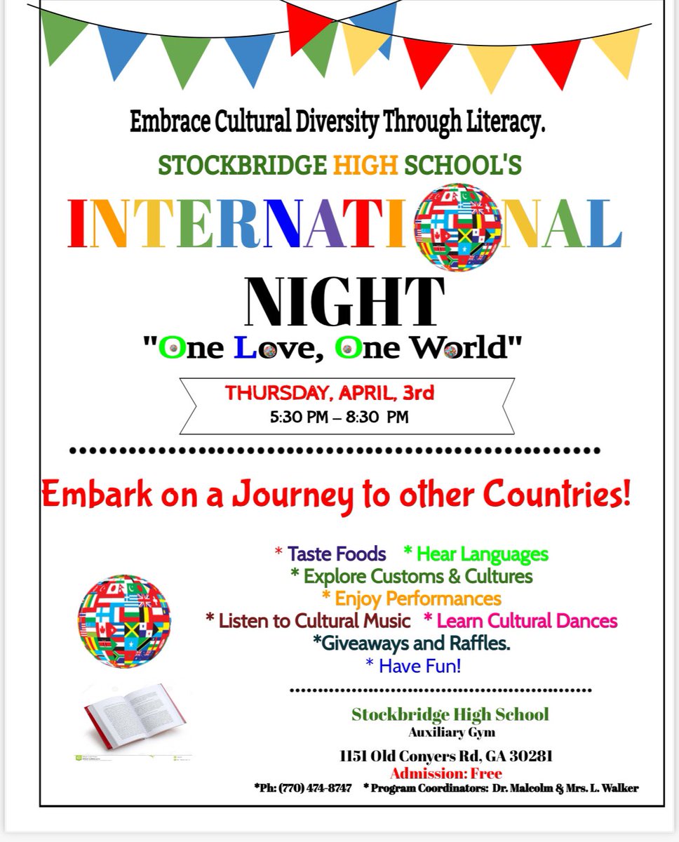Stockbridge HS (GA) (@shs_hcs) on Twitter photo Join us for International National Night on April 3rd from 5:30-8:30 in the SHS Aux Gym! <a href="/DrJamesT/">Dr. James Thornton</a> <a href="/DrBEducates/">Danielle Barnes</a> <a href="/TheMTSSLady/">Priscilla Ray, Ed.S</a> <a href="/ConethanDawana/">Ms. Conethan</a> <a href="/HammockEdu/">Stephen Hammock</a> Join us for International National Night on April 3rd from 5:30-8:30 in the SHS Aux Gym! <a href="/DrJamesT/">Dr. James Thornton</a> <a href="/DrBEducates/">Danielle Barnes</a> <a href="/TheMTSSLady/">Priscilla Ray, Ed.S</a> <a href="/ConethanDawana/">Ms. Conethan</a> <a href="/HammockEdu/">Stephen Hammock</a>