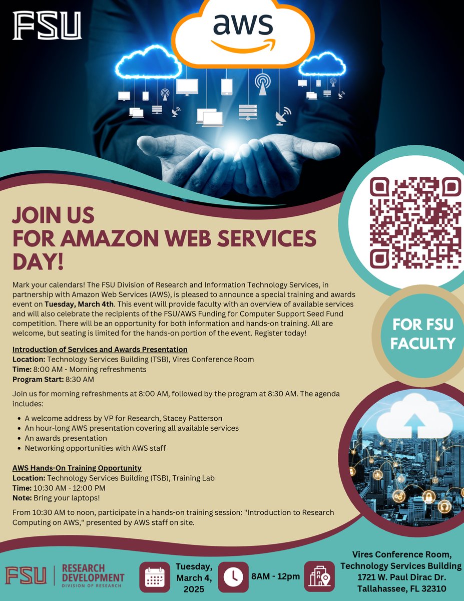 FSU Research (@fsuresearch) on Twitter photo 🚨 FSU faculty ➡️ Register today for this seminar that will show you how Amazon Web Services (<a href="/awscloud/">Amazon Web Services</a>) can help with your research!
Register here ➡️ fsu.qualtrics.com/jfe/form/SV_2c… 🚨 FSU faculty ➡️ Register today for this seminar that will show you how Amazon Web Services (<a href="/awscloud/">Amazon Web Services</a>) can help with your research!
Register here ➡️ fsu.qualtrics.com/jfe/form/SV_2c…