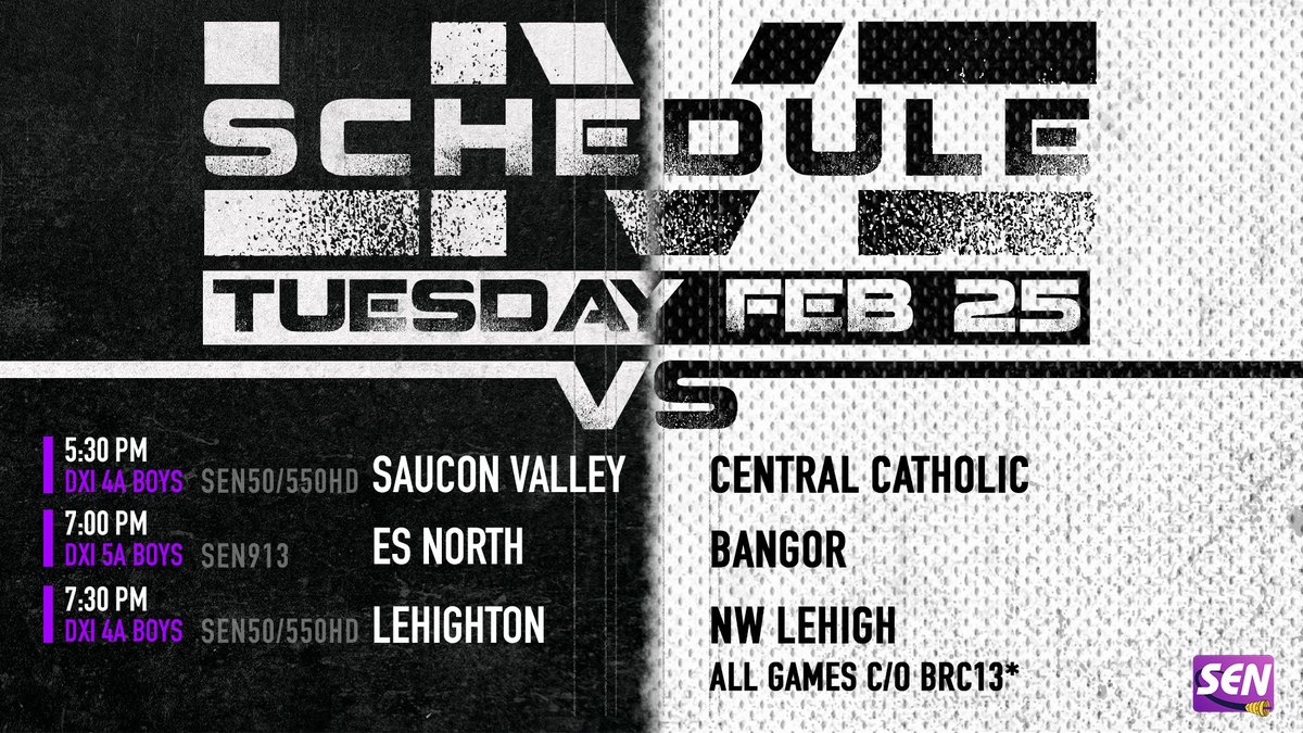 Service Electric Network (@senetworktv) on Twitter photo Watch the boys <a href="/PIAADistrictXI/">PIAA District XI</a> semifinals tonight on SEN c/o <a href="/BRC13Sports/">BRC13 Sports</a>!🏀
LIVE coverage begins at 5:30 PM📺
SENetwork.tv
<a href="/sectv/">Service Electric Cable TV & Communications</a> <a href="/SauconBball/">Saucon Valley Boys Basketball</a> <a href="/ACCHS_Athletics/">ACCHS Athletics</a> <a href="/Esnorthbball/">Eastburg North Boys Basketball</a> <a href="/SlaterHoops/">Bangor Basketball</a> <a href="/LASDAthletics/">Lehighton Athletics</a> <a href="/nwlehighsd/">Northwestern Lehigh</a> Watch the boys <a href="/PIAADistrictXI/">PIAA District XI</a> semifinals tonight on SEN c/o <a href="/BRC13Sports/">BRC13 Sports</a>!🏀
LIVE coverage begins at 5:30 PM📺
SENetwork.tv
<a href="/sectv/">Service Electric Cable TV & Communications</a> <a href="/SauconBball/">Saucon Valley Boys Basketball</a> <a href="/ACCHS_Athletics/">ACCHS Athletics</a> <a href="/Esnorthbball/">Eastburg North Boys Basketball</a> <a href="/SlaterHoops/">Bangor Basketball</a> <a href="/LASDAthletics/">Lehighton Athletics</a> <a href="/nwlehighsd/">Northwestern Lehigh</a>