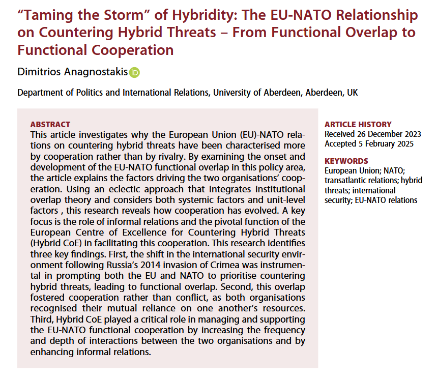 How do the European Union and NATO cooperate on countering hybrid threats? 
I am happy to share my latest paper on this topic, published in 'Defence Studies'! 
Open access: tandfonline.com/doi/full/10.10… .
#NATO #EU #HybridThreats