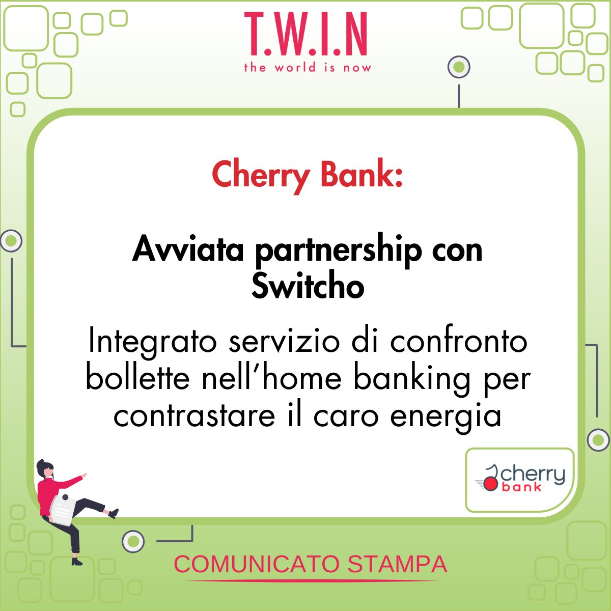 💡 #CherryBank e #Switcho contro il #carobollette! Integrato il servizio di confronto bollette nell'home banking dell'istituto bancario 🔥⚡ 
Leggi il comunicato stampa: shorturl.at/UOIyL
#caroenergia #confrontobollette #luceegas