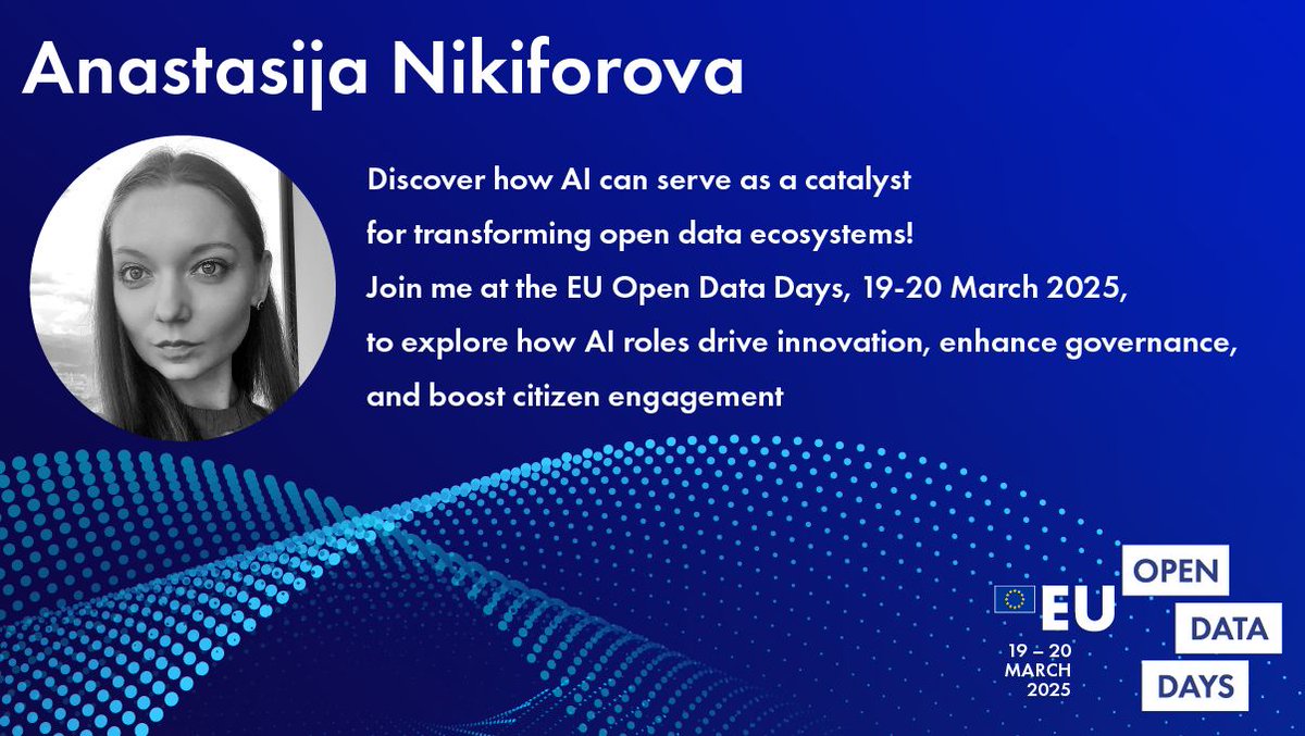 HardemanHildeML's tweet photo. How can AI serve as a catalyst for transforming open data ecosystems?
Anastasija Nikiforova will share her insights and expertise with us on 19 March, during our #EUOpenDataDays2025!
Save the date 👉 https://t.co/9tSK0mTu25
#EUOpenData @ViolaRoberto @DigitalEU https://t.co/aww2m9EtrX