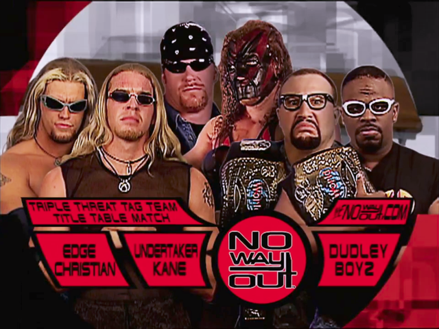 wrestle_hist's tweet photo. 2/25/2001  

The Dudley Boyz defeated The Brothers of Destruction, and Edge &amp; Christian in a Tables Match to retain the WWE Tag Team Championship at No Way Out from the Thomas &amp; Mack Center in Las Vegas, Nevada.

#WWF #WWE #NoWayOut #TheDudleyBoyz #TheBrothersOfDestruction #Edge https://t.co/YCMYS8r4qm