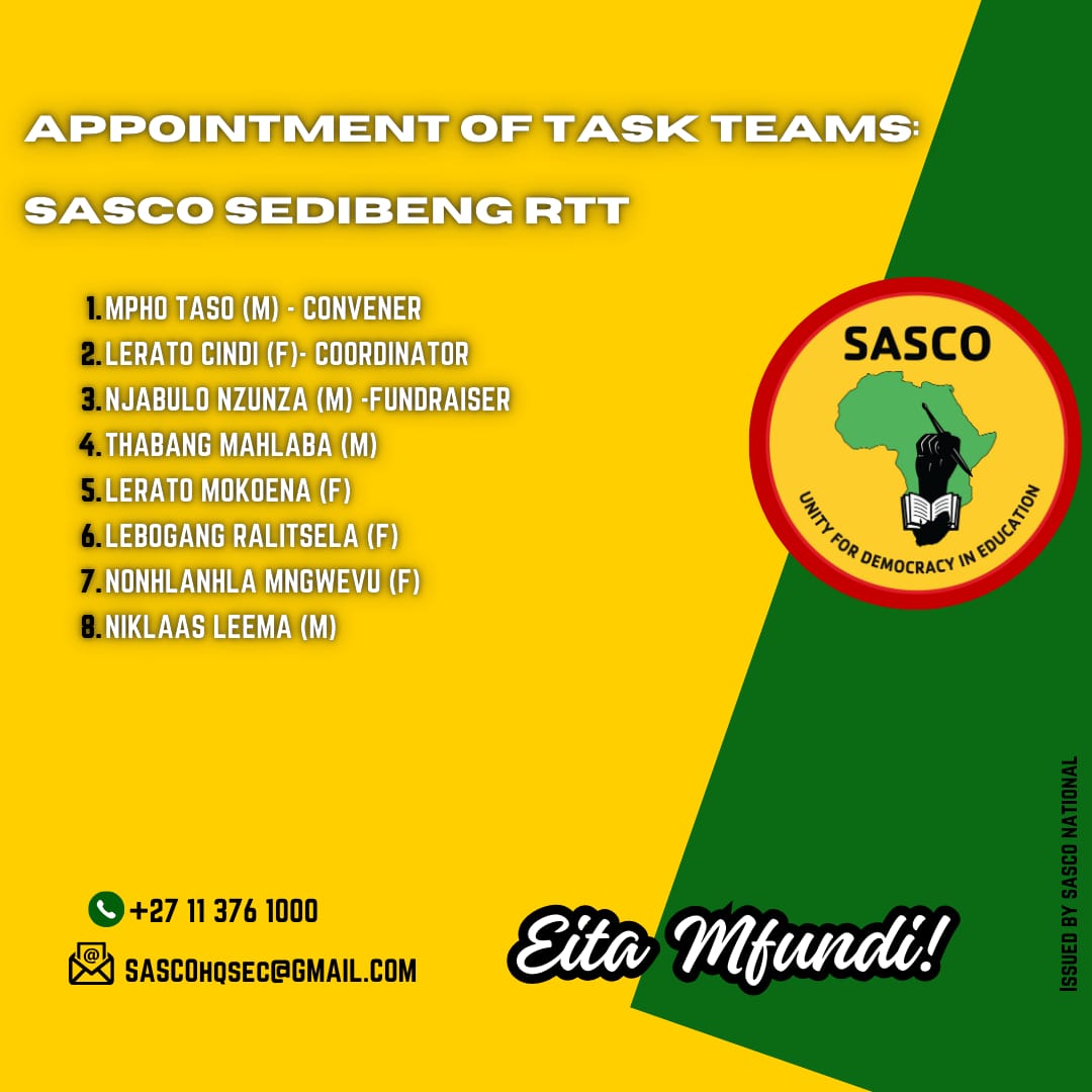 SascoNational's tweet photo. With the appointment of Provincial and Regional Task Teams, we take a decisive step toward transforming the higher education sector. The work ahead requires unity, discipline, and unwavering dedication to the student struggle. https://t.co/ziVJpmbgBR
