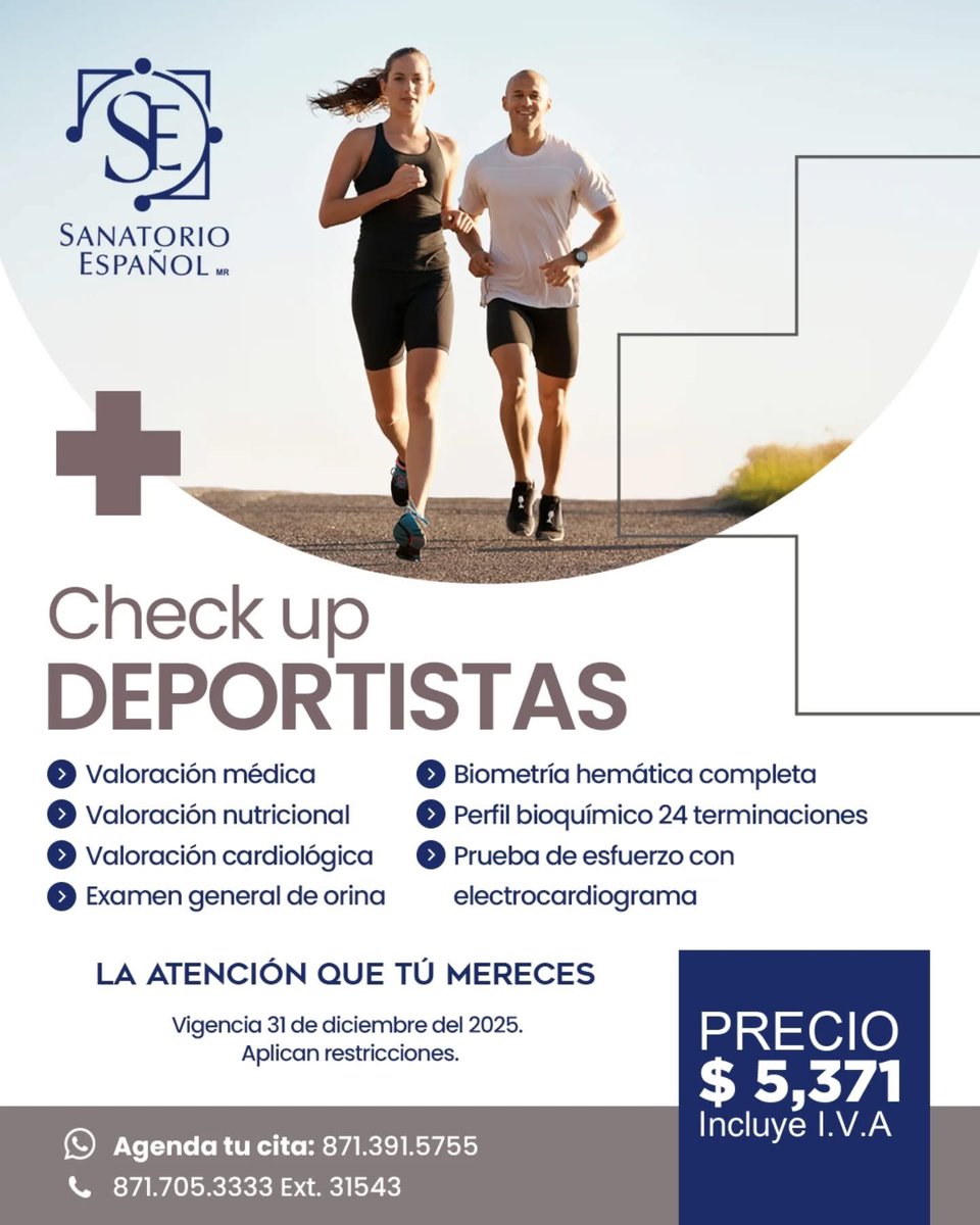 🏃‍♂️💙 Nuestro Check Up para Deportistas te ayuda a conocer tu estado físico con valoraciones médicas, nutricionales y cardiológicas. ⚡🏥

📅 Vigente hasta el 31 de diciembre de 2025.
💰 Costo: $5,371 (IVA incluido).

¡Agenda tu evaluación hoy! 📲