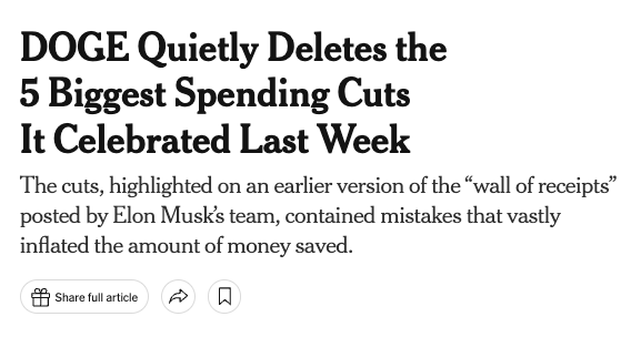 You should not trust anything that <a href="/elonmusk/">Elon Musk</a> or the DOGE team says about spending cuts or savings. They're liars or incompetent or both.