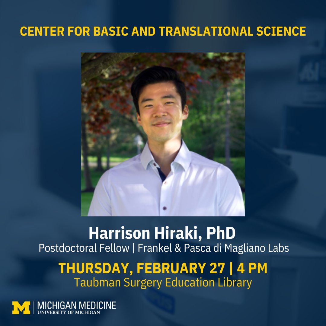 Michigan Surgery (@umichsurgery) on Twitter photo This Thursday, CBATS presents: Harrison Hiraki, PhD, giving his Chalk Talk, Interrogating Endothelial-Cancer Cell Crosstalk within Microphysiologic Systems. 
Location: The Surgery Education Library. Contact Becky Cholak for more details. This Thursday, CBATS presents: Harrison Hiraki, PhD, giving his Chalk Talk, Interrogating Endothelial-Cancer Cell Crosstalk within Microphysiologic Systems. 
Location: The Surgery Education Library. Contact Becky Cholak for more details.