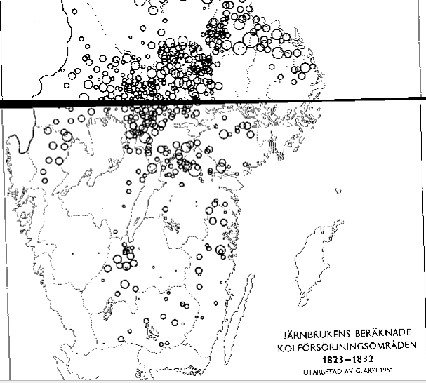 För 200 år sedan användes skogen i vissa delar av Sverige för att producera träkol till järnbruken. Varje cirkel motsvarar en masugn, ett järnbruk eller en stångjärnshammare. #skogshushållning #skogshistoria  libris.kb.se/bib/8076288