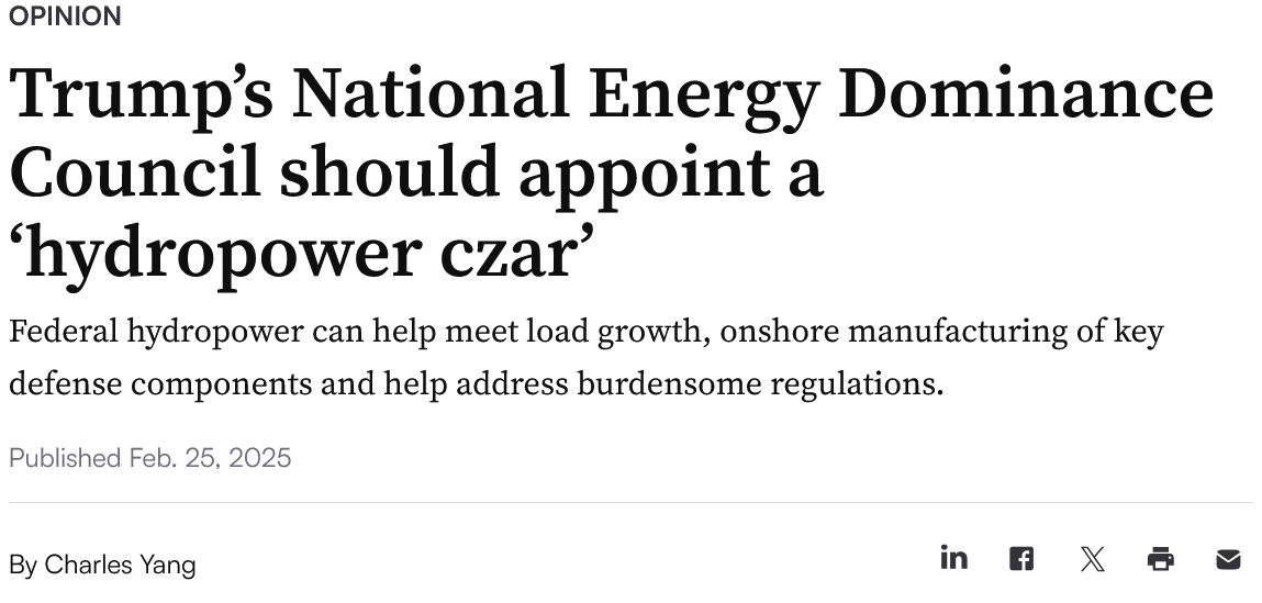 New op-ed from me in <a href="/UtilityDive/">Utility Dive</a>: 

A few notes on federal hydropower and why I think it's been missing from the energy dominance conversation: