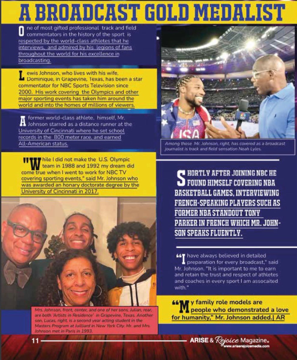 Lewis Johnson (@lewisjohnsonmg) on Twitter photo I must say THANK YOU to Joseph Green Bishop and the team at Arise & Rejoice for including myself and my family in their 2025 Black History Month edition. 🙏🏾 <a href="/AriseRejoice/">AriseRejoiceMedia</a>
<a href="/NBCSportsPR/">NBC Sports PR</a>
<a href="/NBCOlympics/">NBC Olympics & Paralympics</a>
<a href="/NBAonNBC/">NBA on NBC and Peacock</a>
<a href="/NBA/">NBA</a>
<a href="/Octagon/">Octagon</a>
<a href="/iocmedia/">IOC MEDIA</a>
<a href="/LylesNoah/">Noah Lyles, OLY</a> I must say THANK YOU to Joseph Green Bishop and the team at Arise & Rejoice for including myself and my family in their 2025 Black History Month edition. 🙏🏾 <a href="/AriseRejoice/">AriseRejoiceMedia</a>
<a href="/NBCSportsPR/">NBC Sports PR</a>
<a href="/NBCOlympics/">NBC Olympics & Paralympics</a>
<a href="/NBAonNBC/">NBA on NBC and Peacock</a>
<a href="/NBA/">NBA</a>
<a href="/Octagon/">Octagon</a>
<a href="/iocmedia/">IOC MEDIA</a>
<a href="/LylesNoah/">Noah Lyles, OLY</a>