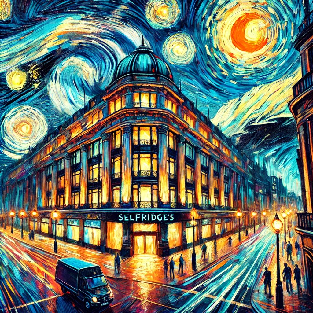 #ai #image of #Selfridge's in the style of #VincentvanGogh, featuring expressive brushstrokes, bold colors, and a dynamic, swirling atmosphere. #AIart #AIphotography #London #UnitedKingdom