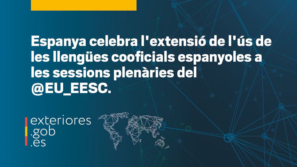 Ministerio de Asuntos Exteriores, UE y Cooperación (@maecgob) on Twitter photo Espanya celebra l'extensió de l'ús de les llengües cooficials espanyoles a les sessions plenàries del <a href="/EU_EESC/">European Economic and Social Committee</a>.
🔗exteriores.gob.es/es/Comunicacio… Espanya celebra l'extensió de l'ús de les llengües cooficials espanyoles a les sessions plenàries del <a href="/EU_EESC/">European Economic and Social Committee</a>.
🔗exteriores.gob.es/es/Comunicacio…