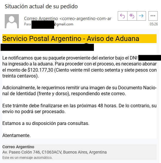 pcmonsegur's tweet photo. Por favor tomen la presente denuncia de #DelitoTecnológico 
#Ciberdelincuencia

Intento de estafa.
La imagen muestra el correo recibido con clara intención de engaño y fraude.
@FiscalesGobAr @CorreoOficialSA @PFAOficial https://t.co/EuBOUzvq7Z