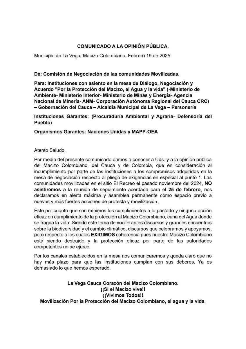 📍 Comunicado a propósito del incumplimiento por parte de las instituciones de los acuerdos adquiridos en la Mesa de Negociación establecida con las comunidades movilizadas en la vereda El Recreo, Altamira (La Vega, Cauca) en noviembre de 2024.