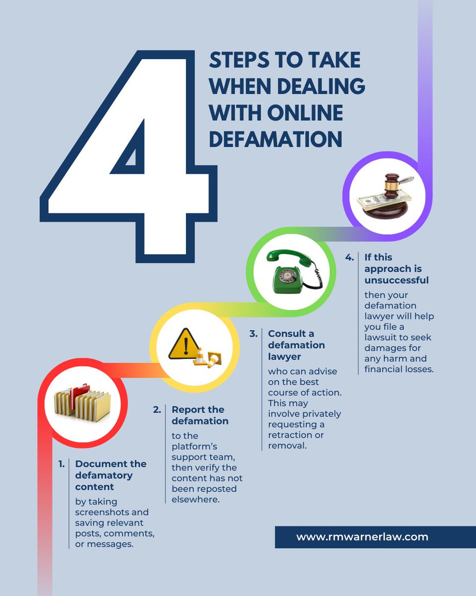 RMWarnerLaw1's tweet image. If you've been #defamed, it's essential that you take swift and strategic action to protect your #reputation! Don’t let online lies go unchecked. 📞 Contact us today to learn how we can help clear your name. Click the link in bio to get started!
