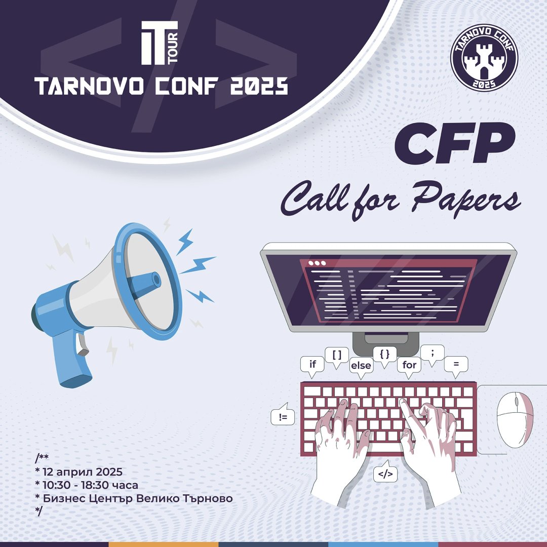 ittourbg's tweet photo. 📣TarnovoConf 2025 приема предложения за лекции.
Разкажи ни за какво ти се говори, като попълниш формата: https://t.co/lpf2cukFce
#ITTour #TarnovoConf https://t.co/31B1AeURyo
