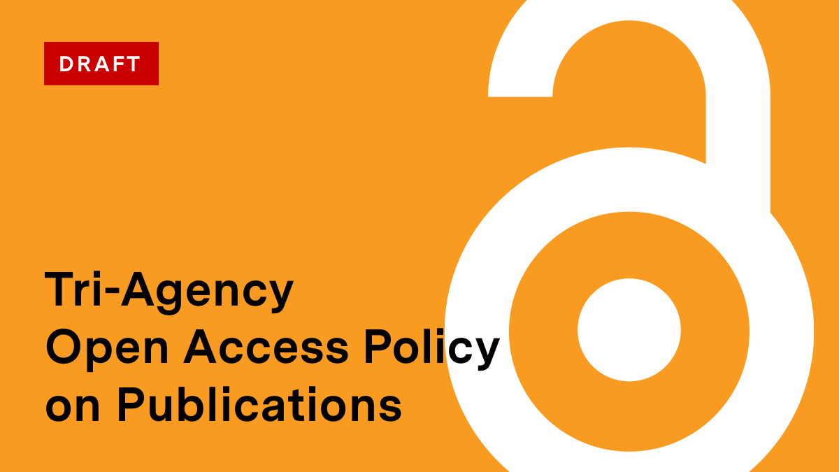 📣
Canada’s federal granting agencies release the draft, revised Tri-Agency Open Access Policy on Publications.

Details▶️ tinyurl.com/6s9u8buu 

Submit your feedback by March 31, 2025:
▶️ tinyurl.com/46ctr259 

<a href="/CIHR_IRSC/">CIHR</a> / <a href="/NSERC_CRSNG/">NSERC / CRSNG</a> / <a href="/SSHRC_CRSH/">SSHRC</a> 
#OpenAccess #Research