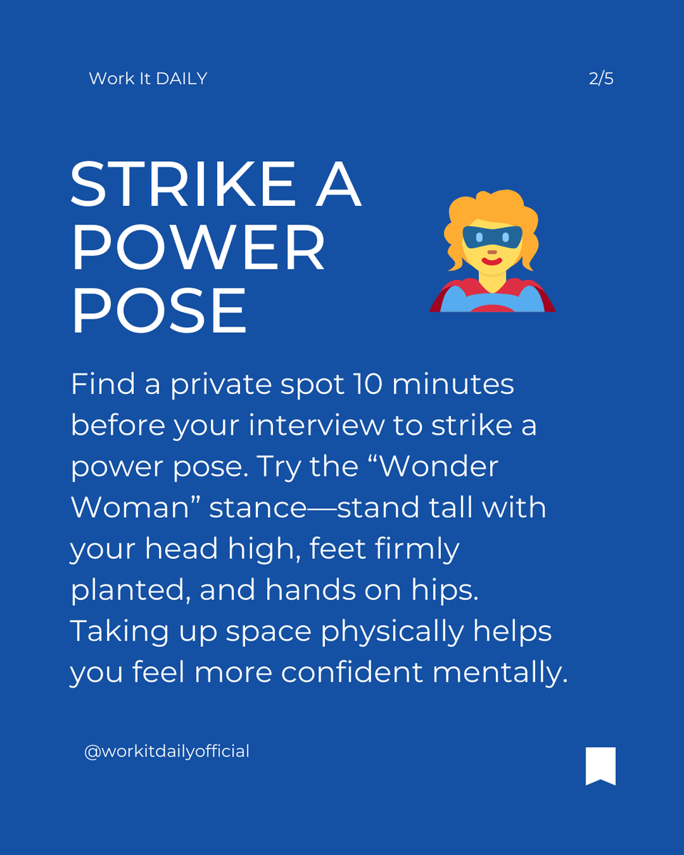 WorkItDaily's tweet image. Boost your interview confidence in minutes! 💼✨
Strike a power pose
Repeat positive affirmations
Review past praise
Try these 3 tips before your next interview and walk in ready to impress!
#JobInterviewTips #WorkItDAILY