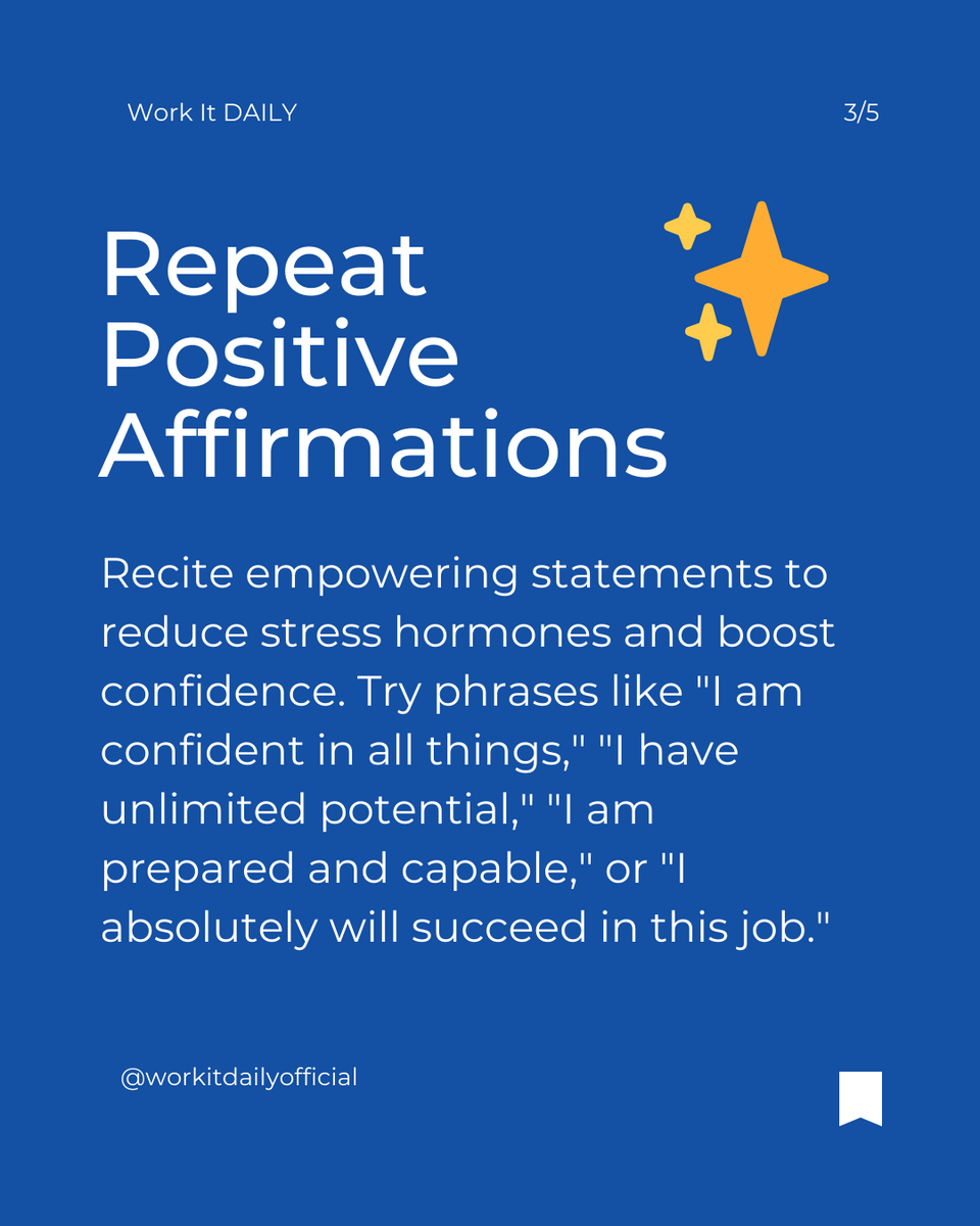 WorkItDaily's tweet image. Boost your interview confidence in minutes! 💼✨
Strike a power pose
Repeat positive affirmations
Review past praise
Try these 3 tips before your next interview and walk in ready to impress!
#JobInterviewTips #WorkItDAILY