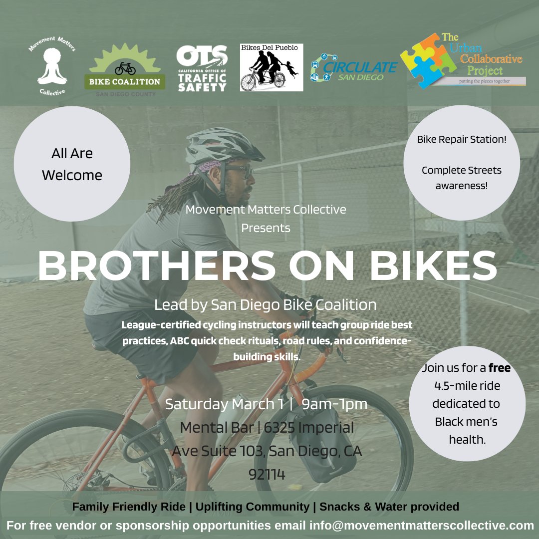 🚴🏾‍♂️ BROTHERS ON BIKES 🚴🏾‍♂️

Join us for a FREE 4.5-mile ride for Black men’s health! It will featuring cycling tips, road safety, &amp; a bike repair station.

Sat, March 1 |  9 AM - 1 PM
Mental Bar, San Diego

Sign Up Here: givebutter.com/brothersonbikes