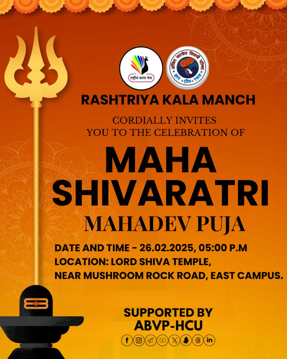 *RASHTRIYA KALA MANCH*🙌 cordially invites you to the celebration of *MAHA SHIVARATRI* 
Date : 26/ 02/2024 
Time : 5pm
Location📌: Lord Shiva temple , near mushroom rock road, Near East campus 
"Let us celebrate Maha Shivratri, the night of the divine union of Shiva and Shakti."