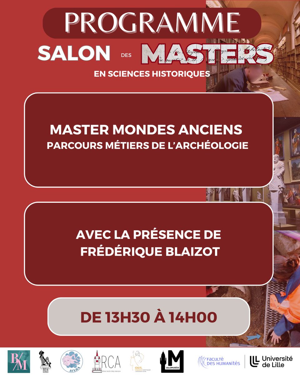 Frédérique Blaizot sera aussi présente de 13h30 à 14h00 pour représenter le master Mondes Anciens, parcours métiers de l'archéologie 🏺