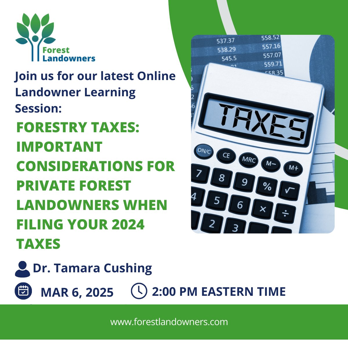 📢 Important Webinar for Private Forest Landowners: 2024 Tax Filing Considerations 🌲💰

Tax season is here, and if you’re a private forest landowner, understanding how tax laws impact your forestry business is crucial!
🔗 Register now: us02web.zoom.us/webinar/regist…
 #ForestryTaxes
