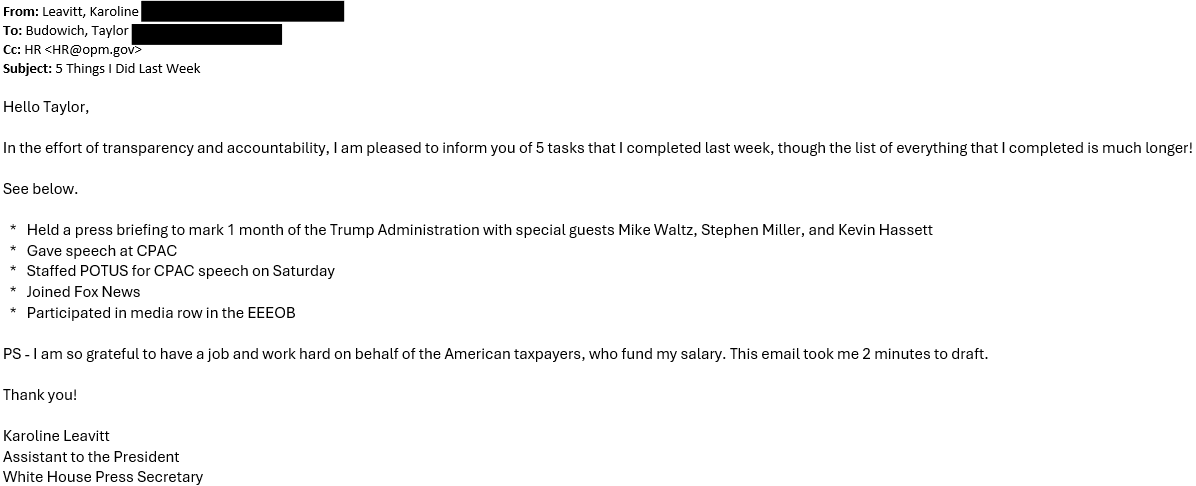 U.S. Office of Personnel Management (@usopm) on Twitter photo Giving five bullets on what you did last week is so easy that even the busy White House <a href="/PressSec/">Karoline Leavitt</a> found time to do it! Giving five bullets on what you did last week is so easy that even the busy White House <a href="/PressSec/">Karoline Leavitt</a> found time to do it!