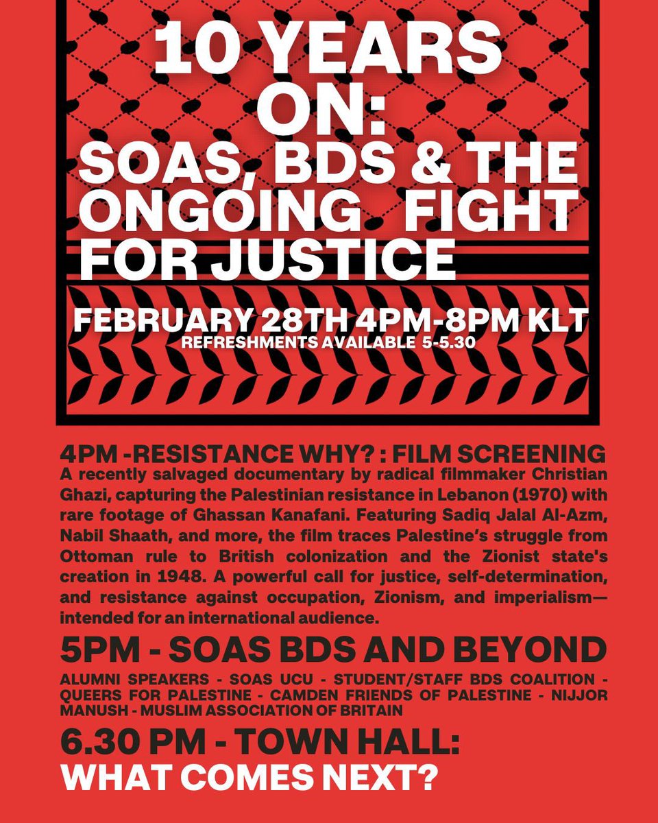 In 2015 a campus-wide SOAS referendum clearly called for an academic boycott of Israel at SOAS. 10 years later this still hasn‘t happened. This Friday we will draw attention to the ongoing struggle in several impressive events