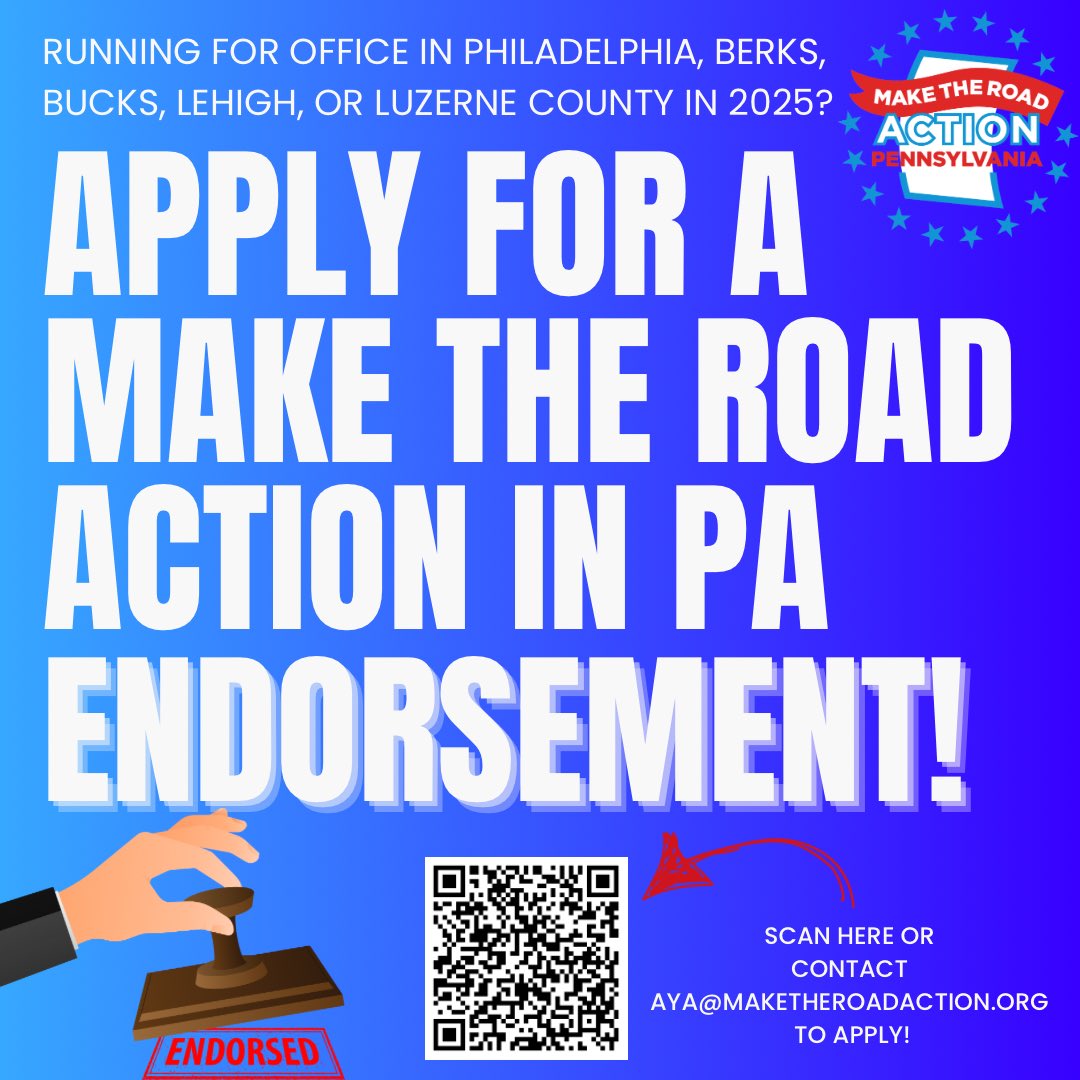 MakeRoadActPA's tweet image. We’re gearing up for the 2025 races! Our community will be interviewing candidates to decide who earns the endorsement of our 13,000 members across PA. Fill out our questionnaire now—deadline is March 7th! Visit bit.ly/endorsedbymrapa to get started!