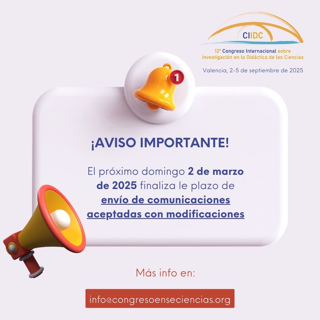¡AVISO IMPORTANTE! Os recordamos que el próximo domingo termina el plazo de envío de comunicaciones aceptadas con modificaciones #12CongresoEnseCiencias congresoenseciencias.org/wp-content/upl…