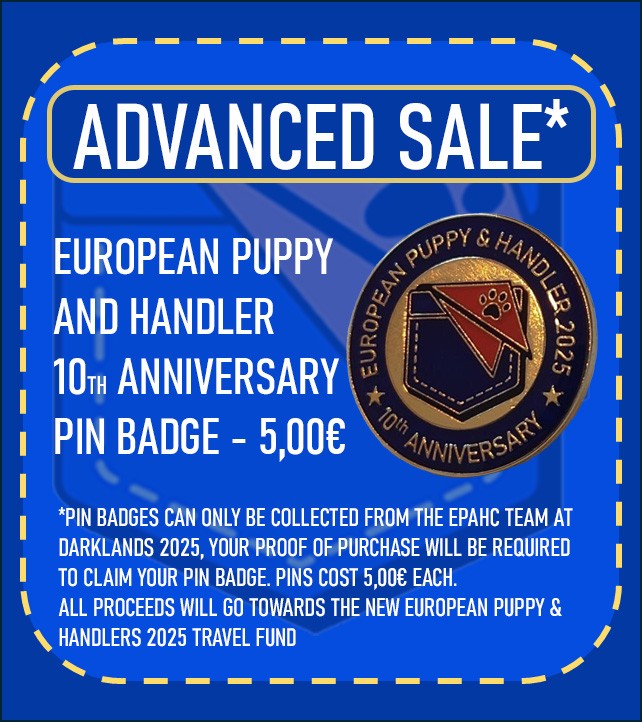 EuroPAHC's tweet photo. Want to support your new European Puppy &amp; Handler who will be elected on Sunday 2nd March?

You can now pre-order your anniversary pin badge to be collected @DarklandsFest 

Our friends at Puppy UK are handling the sale thru their PayPal on https://t.co/4yXWNkJEgG https://t.co/LG7yYpigM2