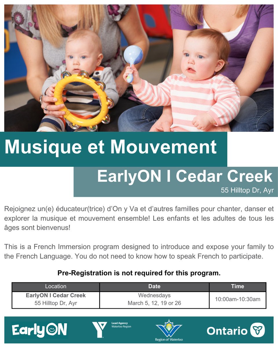 Rejoignez un(e) éducateur(trice) d’On y Va et d’autres familles pour chanter, danser et explorer la musique et mouvement ensemble! Les enfants et les adultes de tous les âges sont bienvenus!