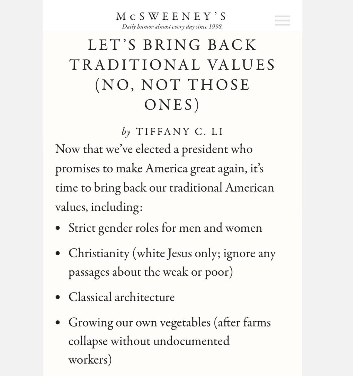 I have a new satire piece out in <a href="/mcsweeneys/">McSweeney's</a>: “Let’s Bring Back Traditional Values (No, Not Those Ones)” 

Link in replies for the algo 👇