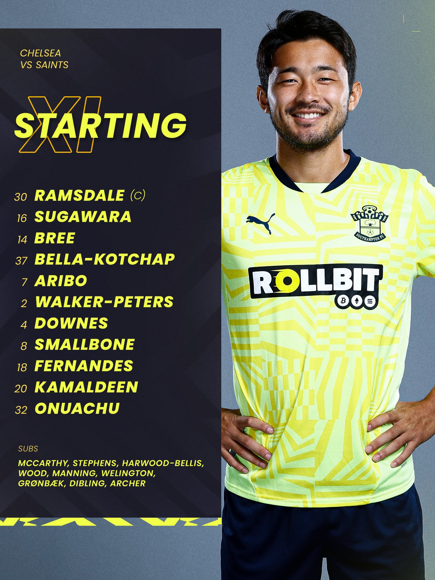 Southampton's side to take on Chelsea, with an image of Yukinari Sugawara stood in Saints' yellow away kit. Starting XI: Ramsdale (c), Sugawara, Bree, Bella-Kotchap, Aribo, Walker-Peters, Downes, Smallbone, Fernandes, Kamaldeen, Onuachu. Substitutes: McCarthy, Stephens, Harwood-Bellis, Wood, Manning, Welington, Grønbæk, Dibling, Archer.
