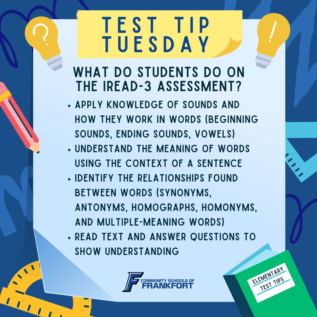 IREAD-3 is next week! Students have been working hard to be ready to shine! Wondering what they will be asked to do? 🐾📖 #literacymatters

For more info, check out this link:
🔗 in.gov/doe/files/irea…
