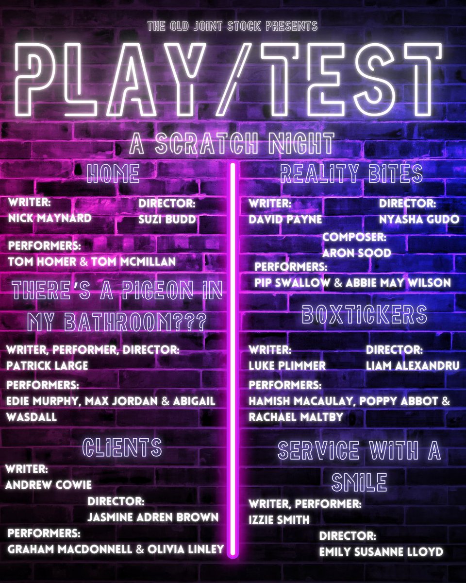 🎭 Join us for PLAY/TEST on March 5th at The Old Joint Stock! Experience 6 new works-in-progress by talented theatre-makers. It's PAY-WHAT-YOU-CAN! 🎟️✨ 

🕖 Doors at 7:15 PM | Show at 7:30 PM 

#PlayTest #ScratchNight #NewWriting #Theatre #OldJointStock