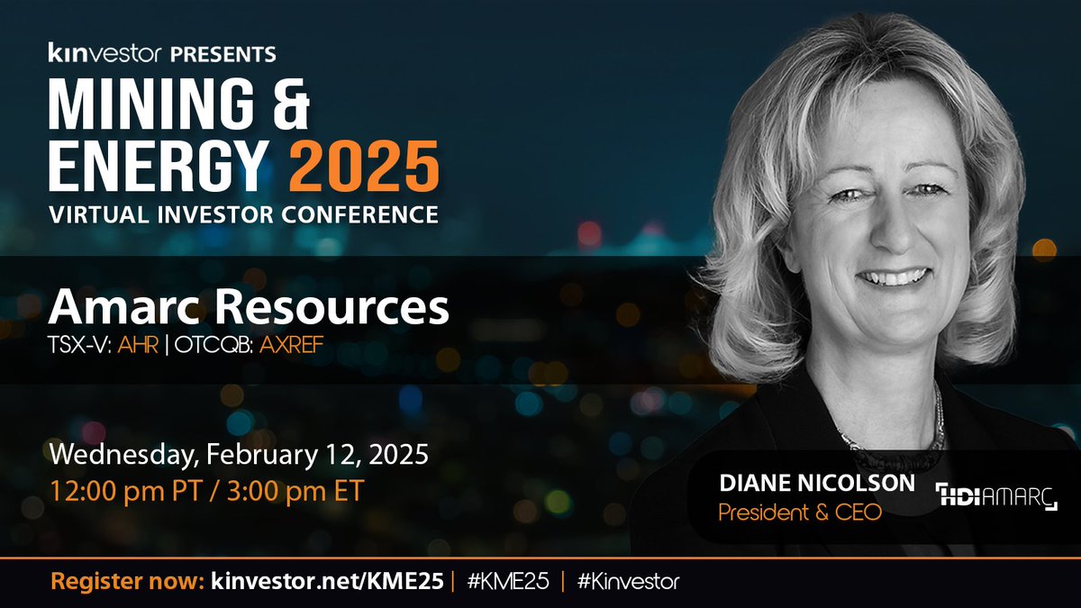 HDI_Amarc's tweet image. The replay of Amarc $AHR.V | $AXREF CEO Dr. Diane Nicolson&apos;s presentation at the Kinvestor Mining &amp;amp; Energy Conference on February 12, 2025 is now available on YouTube.

If you missed the live session, catch up on key insights and discussions, including Amarc&apos;s exciting new near…