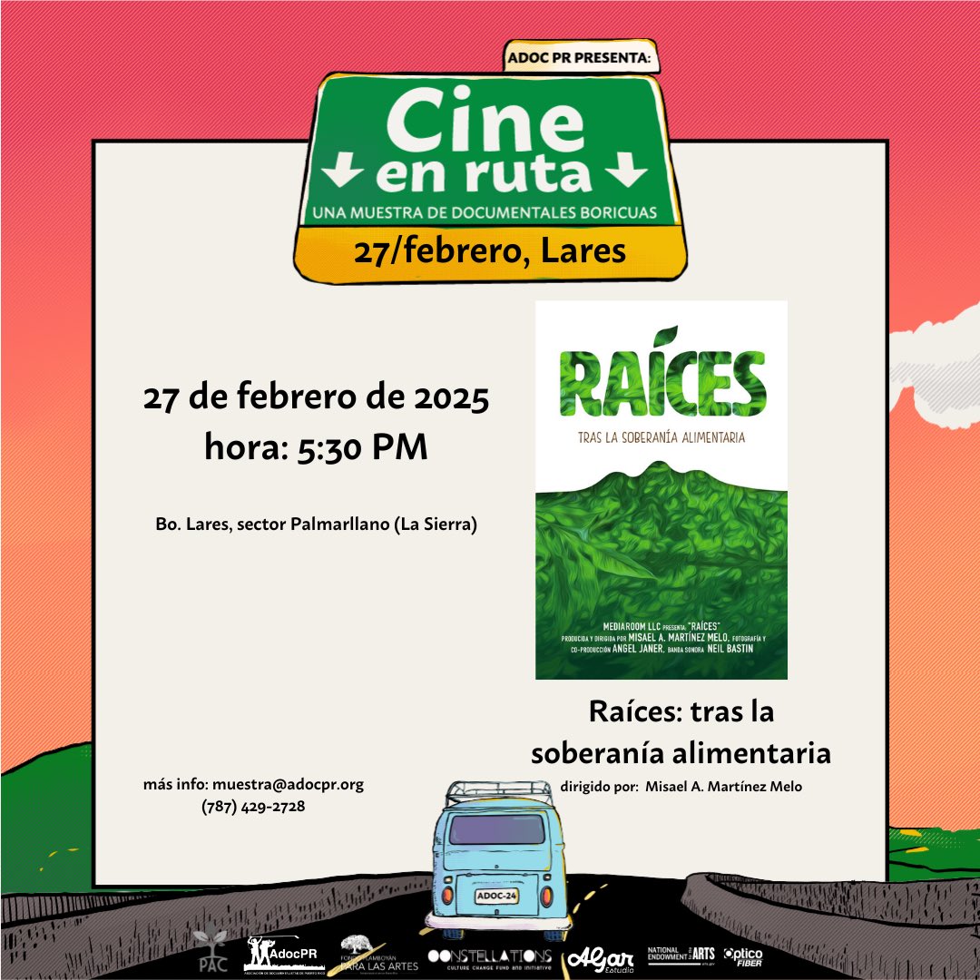 Próxima parada: ¡La Ciudad del Grito!Llegamos al pueblo de Lares. Este jueves, 27 de febrero, llegamos a la finca del Proyecto Agroecológico Campesino. Presentamos el documental Raíces: tras la soberanía alimentaria, dirigido por Misael A. Martínez Melo. ¡Ven! #AdocPR