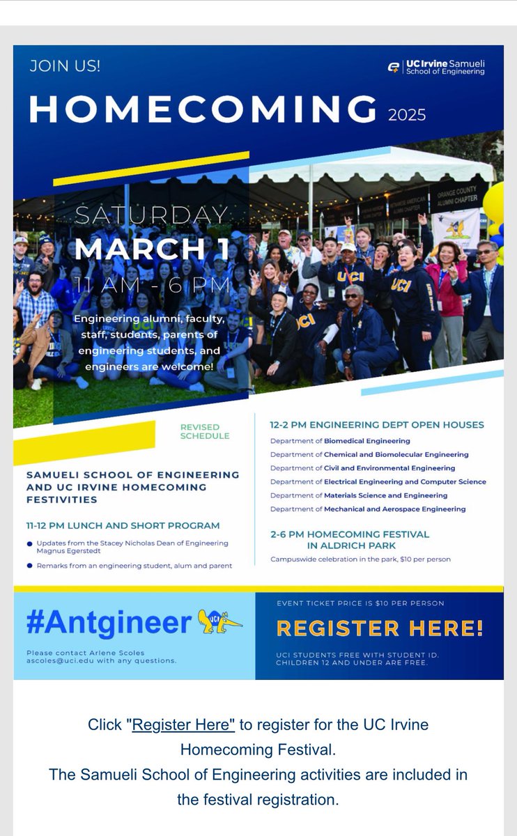 michelledigman's tweet image. 📢Join us for the Samueli School of Engineering and UC Irvine Homecoming Festivities
Come visit our Biomedical Engineering Department 🧬🔬 homecoming.uci.edu @uci_bme @UCIEngineering