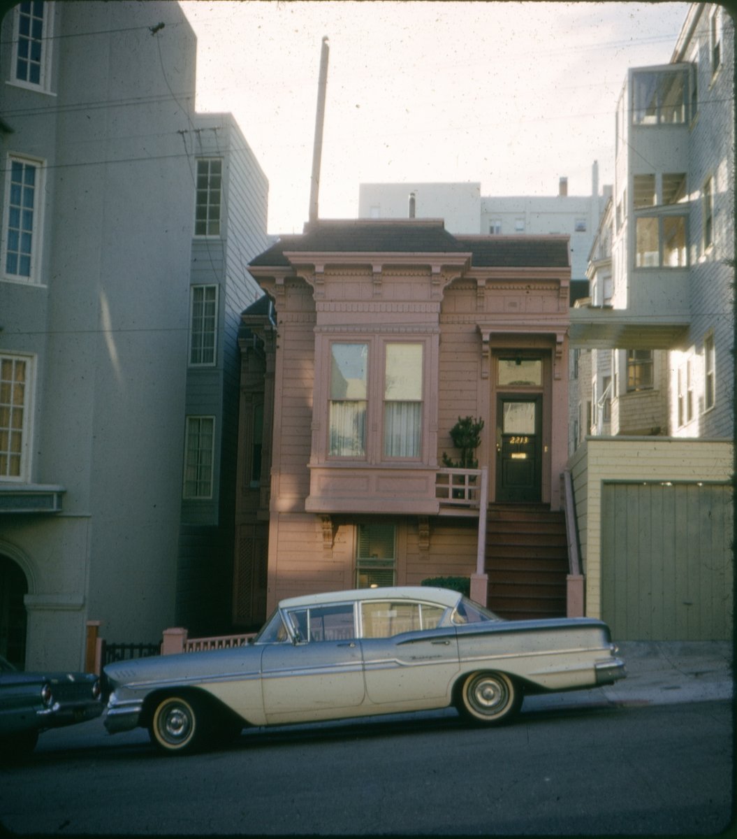 Broderick near Jackson, 1963
An amazing cache of house images with dates ranging from 1955-1970 have been discovered, over 1000  time capsule images from an unknown source. They're in a challenging  format however, Kodachrome stereo views.  this one is just a taste. #sfhistory